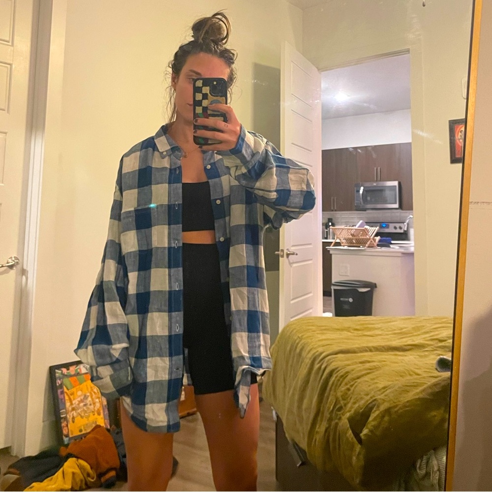 Blue checkered Linen Button Down